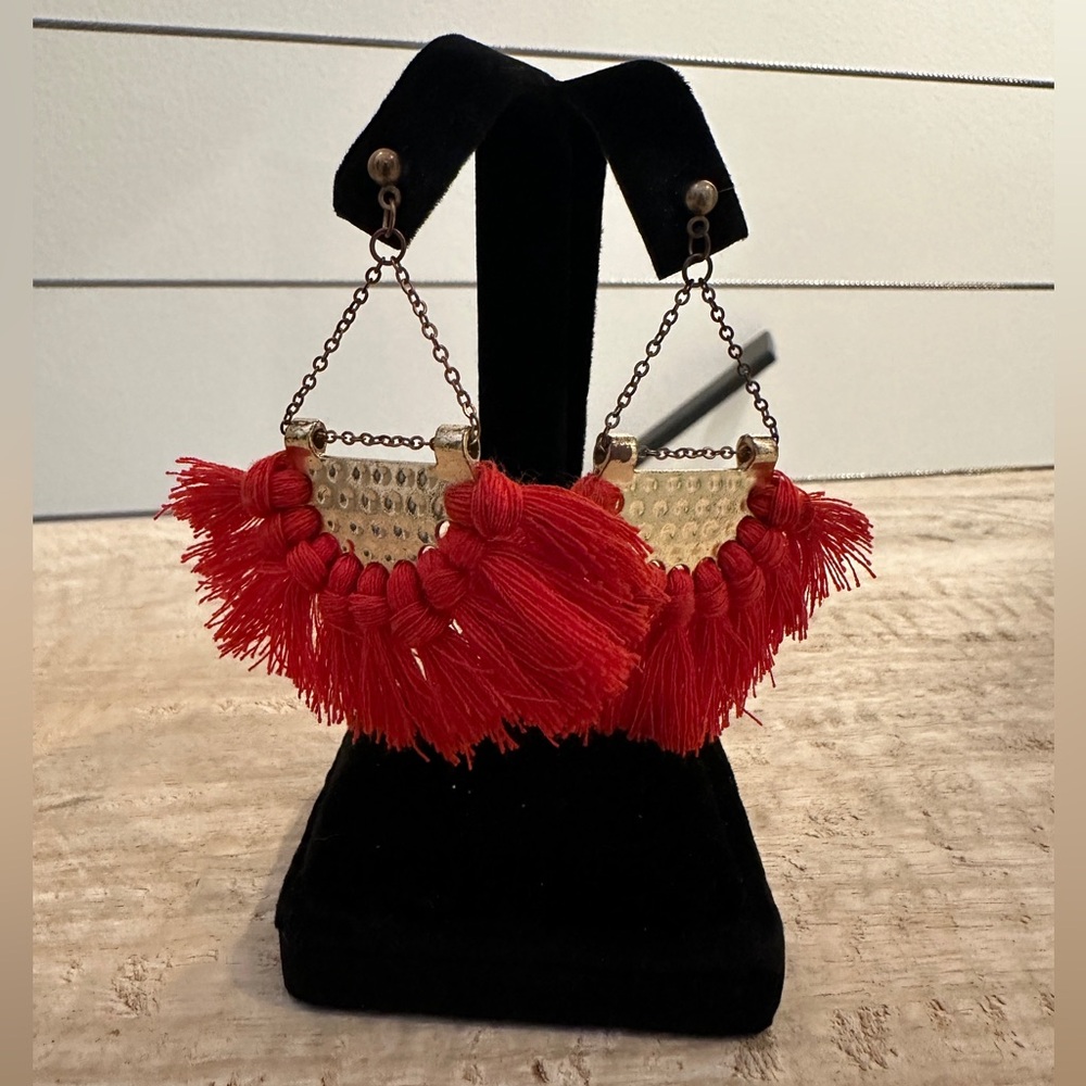 Boho Red Tassel Gold Hammered Drop Earrings Statement Fringe